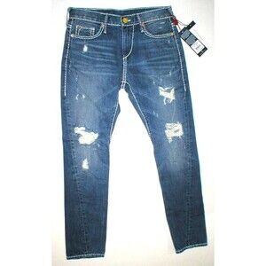 New Womens True Religion Brand Jeans Nu Boy Super T Blue White 24 NWT USA Ripped